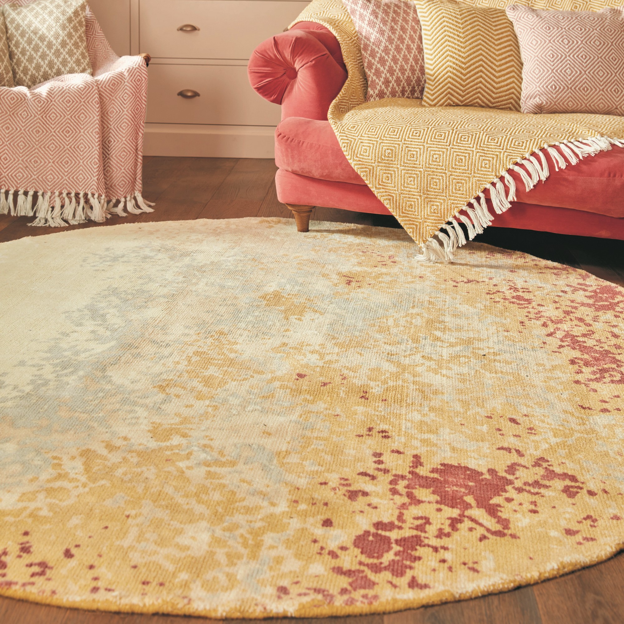 Origins Burnished Moon Abstract Circle Rug In Yellow Red